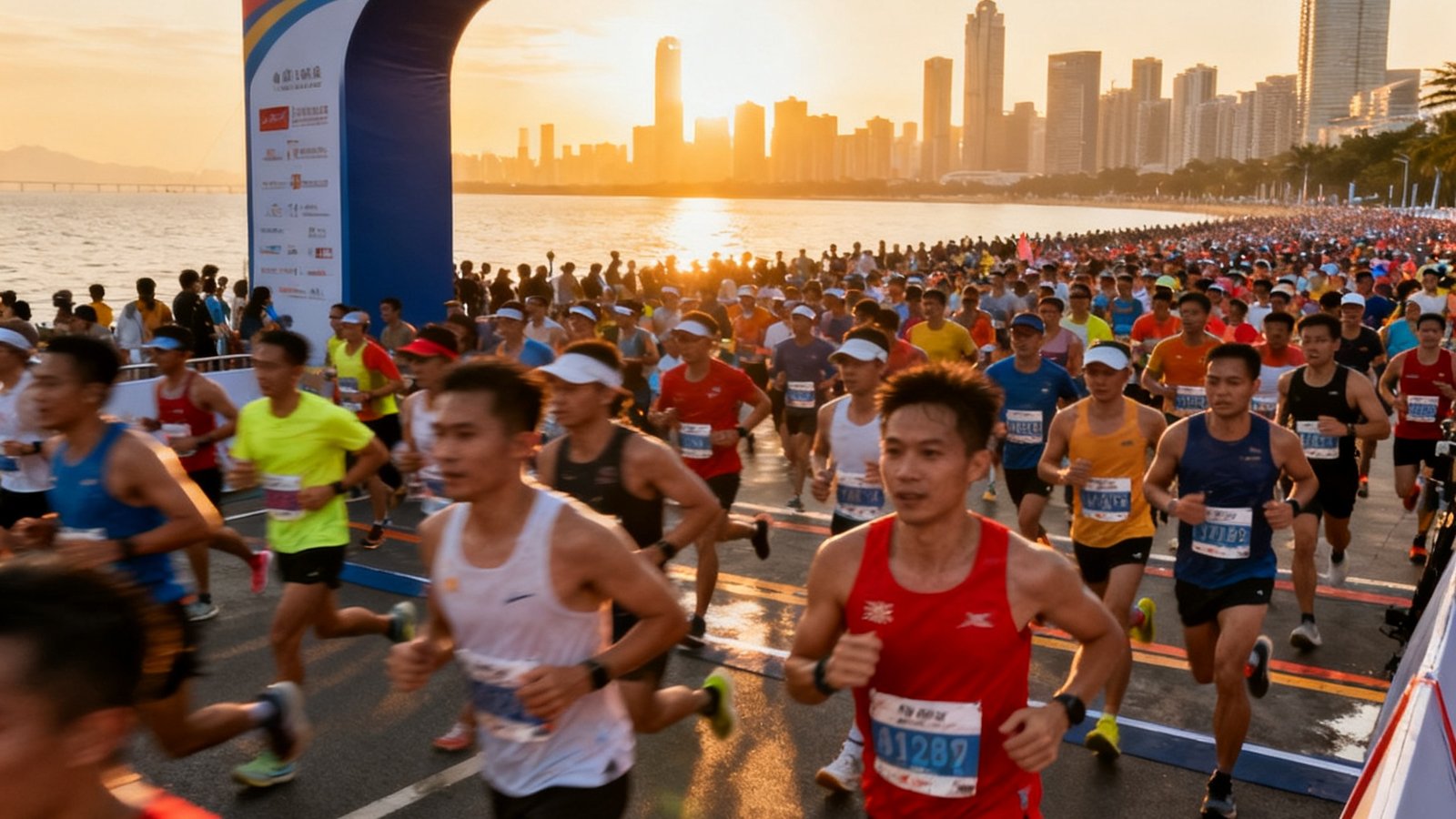 粤港澳大湾区马拉松公开赛起点，万人齐跑的壮观场面，晨曦中海滨城市天际线作为背景，跑者们身着各色运动装备冲出拱门