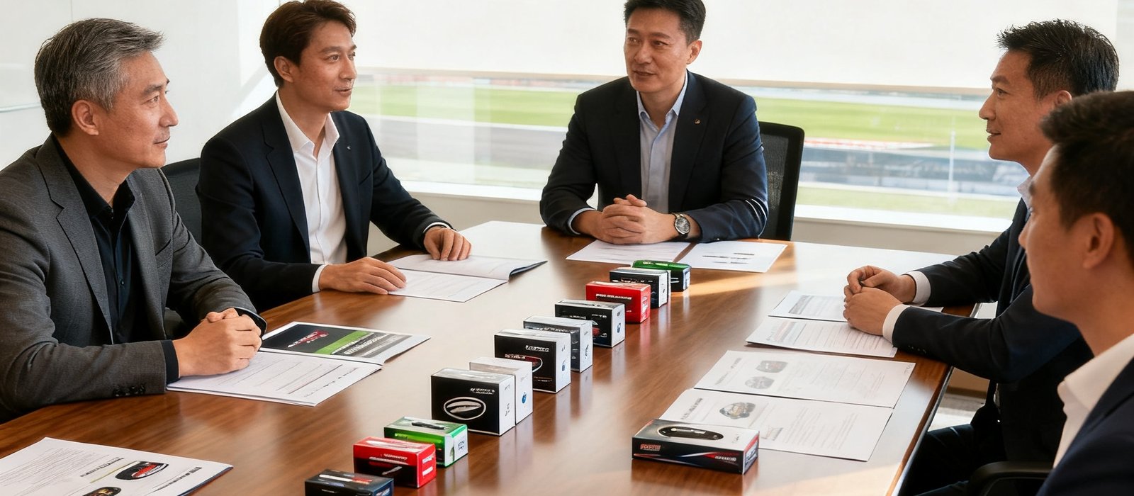 太阳集团tcy8722赛事营销顾问与品牌方代表在明亮会议室深入沟通，桌面摆放赛事方案文件和品牌产品样品
